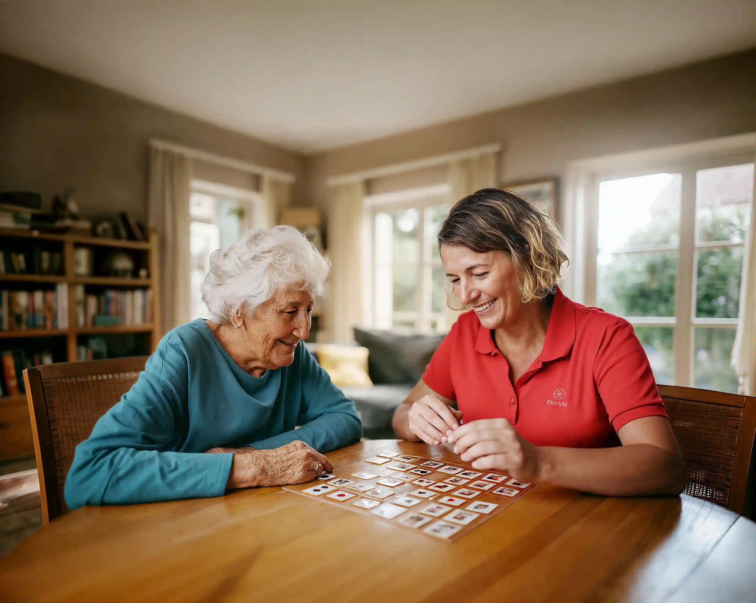 Caregiver and elderly woman enjoying a memory matching game at home, promoting cognitive engagement.