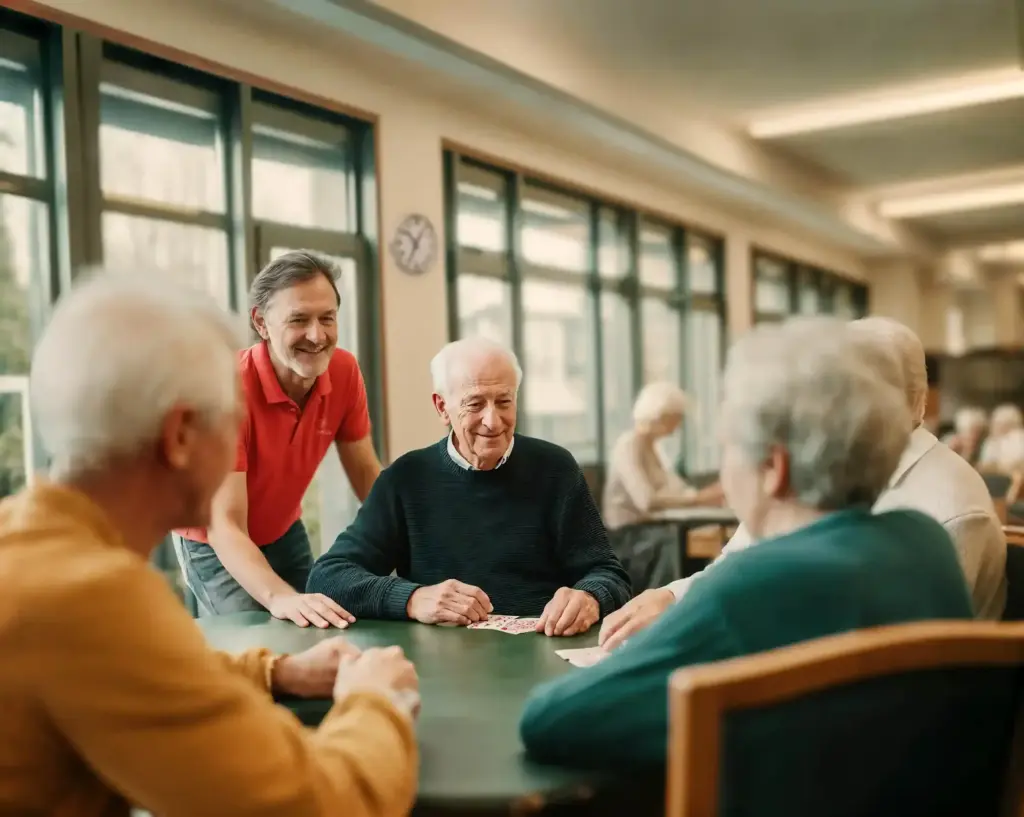 Elderly residents playing cards together at a table with a smiling caregiver assisting in a bright communal room.